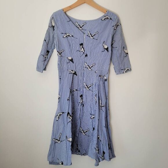 Chicanary Blue Striped Bird Print Fit & Flare Dress Size S Cranes - Picture 8 of 9